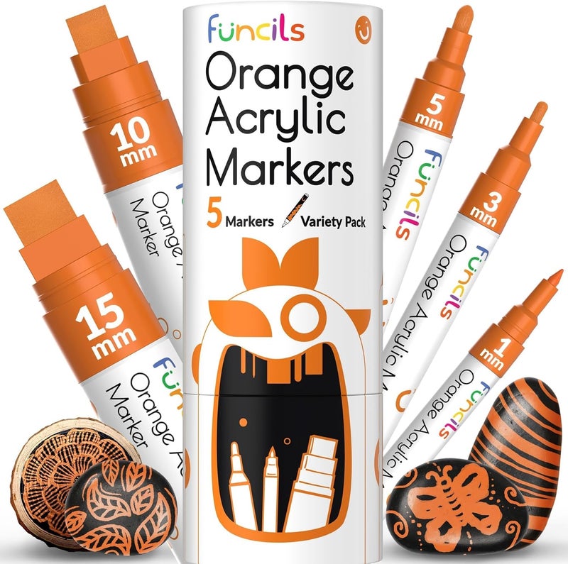 Funcils 5 Orange Paint Pens - Extra Fine Tip, Thin & Jumbo (1mm, 3mm, 6mm, 10mm, 15mm) - Acrylic Orange Paint Marker for Metal, Fabric Pen, Plastic, Canvas, Wood, Rock Painting - Water-based Ink - Image 1